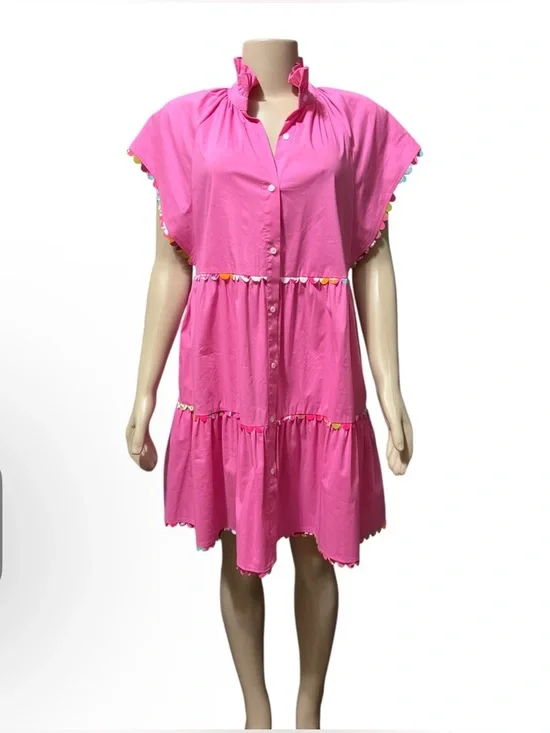 Crosby by Mollie Burch Sz S Whitley Dress Pink Bubblegum Tiered Ruffle Pom Trim - Picture 1 of 12